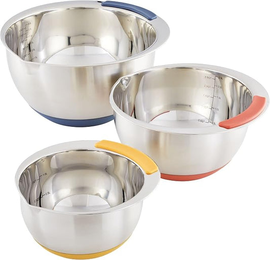 Ayesha Curry Kitchenware Pantryware Stainless Steel Nesting Mixing Bowls, 3-Piece Set, Silver with Color Accent Handles