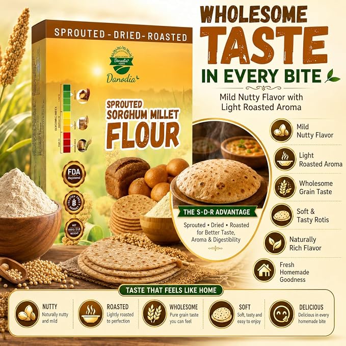 Danodia Foods Sprouted Jowar Flour 950g / 2 lb, Sorghum Flour/Jowar Atta, Roasted & Ground Millet Flour for Roti, Bhakri, Flatbread, Porridge & Baking, Indian & US Pantry