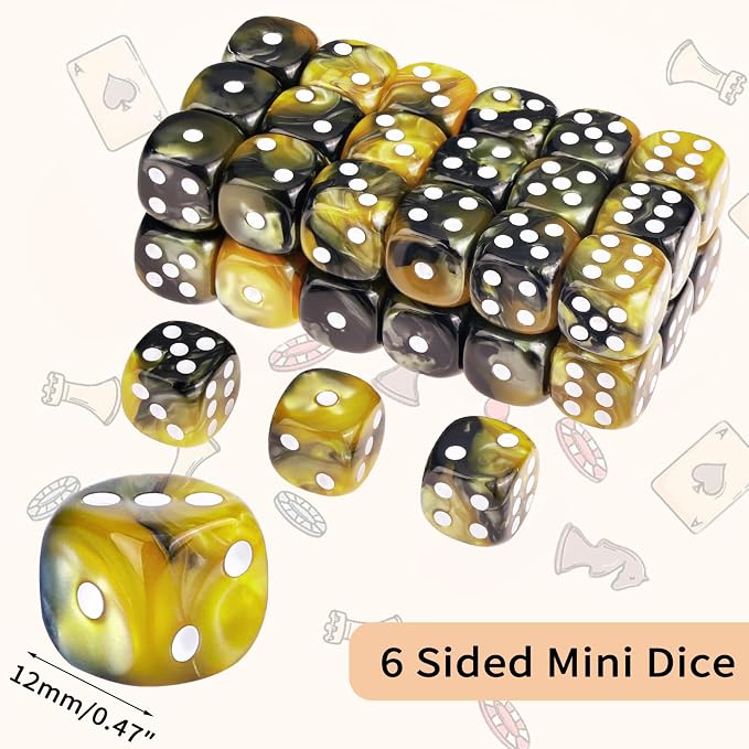 36 of Pack 12MM 6 Sided MINI Dice Set,Two Colours D6 Game Dice Set, 6 Sided Standard Dices for Yahtzee, Bunco,with Portable Plastic Box(Yellow Black)