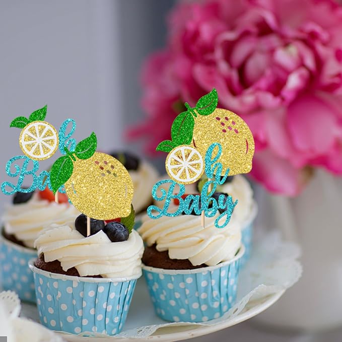 Rsstarxi 24 Pack Lemon Oh Baby Cupcake Toppers Fruit Theme Oh Baby Lemonade Cupcake Picks Decorations for Lemon Theme Baby Shower Kids Birthday Party Cake Decorations Blue