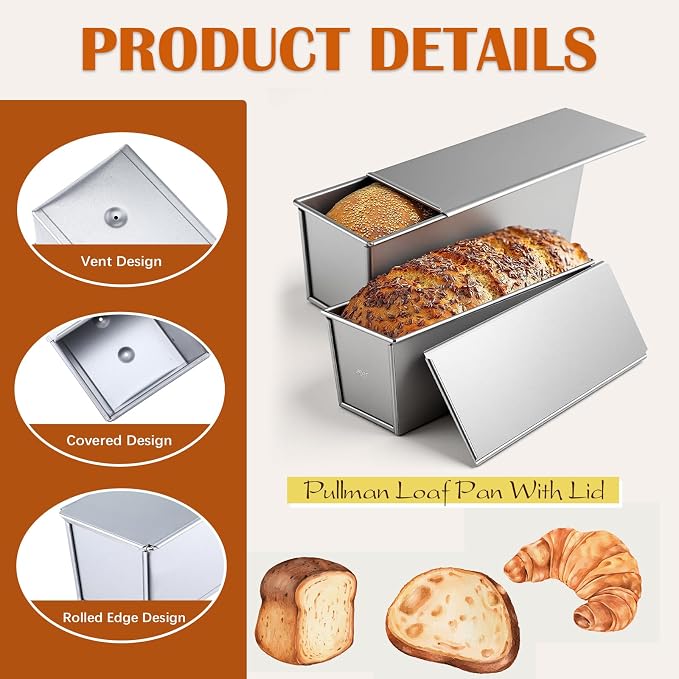 2 Pcs Pullman Loaf Pan with Lid, 13x4 Inch 2lb Dough Capacity Non-Stick Bread Baking Pan for Sandwich Bread, Toast, Sourdough and Homemade Baking, Silver