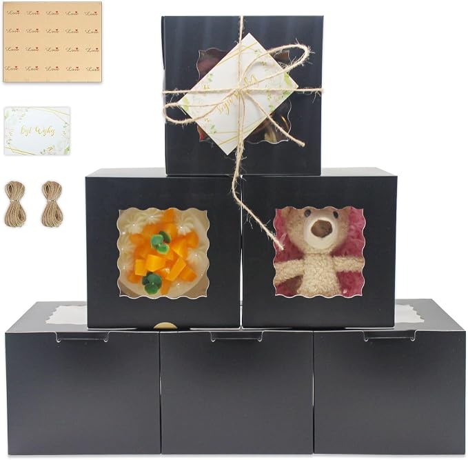 20 Pack 6x6x5 Inch Cake Boxes with Window, Black Bakery Carriers for Bento Cake, Cupcakes, Cookies, Dessert Treats – Perfect for Valentine's Day, Mother's Day Gifting