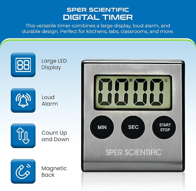 Sper Scientific Stainless Steel Digital Lab + Kitchen Timer 810028A – Compact Design Timer with Large Display & Loud Alarm - for Cooking, Baking, Labs, Workouts & More - 2 pc