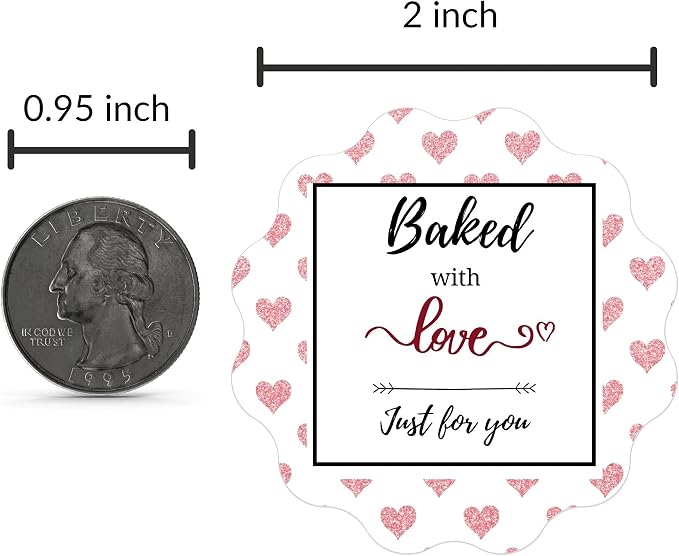 Mobiusea Creation Baked with Love Stickers Roll | Scalloped Cut | Waterproof | 2 inch | 300 Labels for Cookie Cupcake Stickers Homemade Bakery Bread Bags Labels Baked Goods Packaging