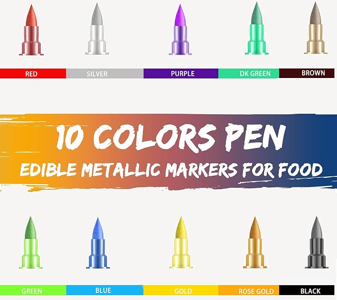 ZJSJSP Edible Metallic Markers,Food Shimmering Color Pen,Fine and Thick Tip Food Upgrade for Cookies/Cakes/Fondant/Baking Decorating/Drawing (10 Color, 10PCS)
