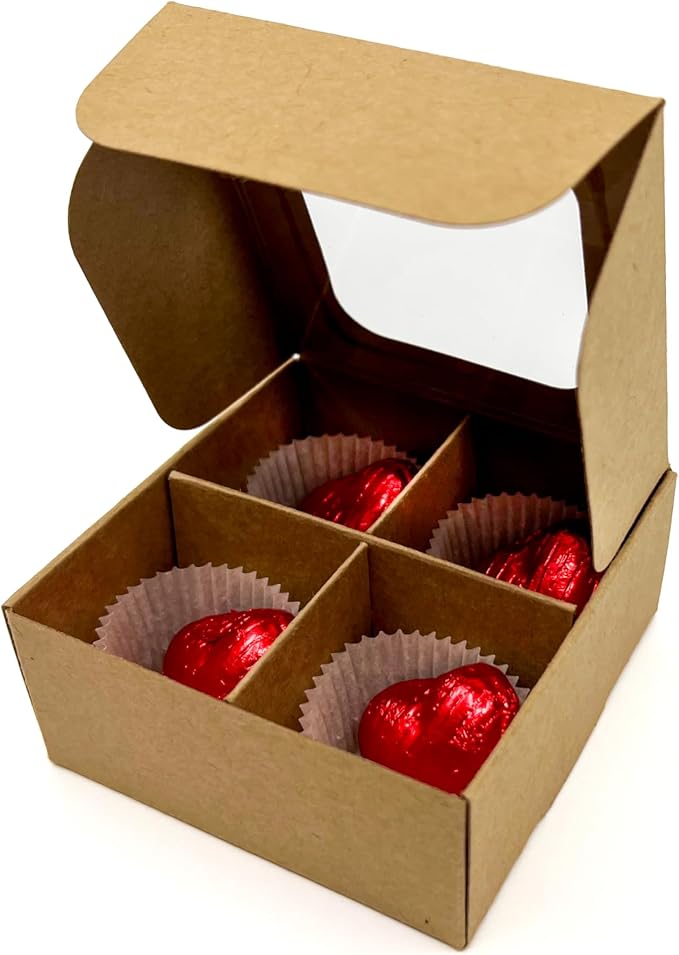 Treat Boxes - 20 ct 3.5 x 3.5 x 1.6 in Bakery Boxes with Windows and Dividers for Candy, Cookies, Cupcakes, or Bakery Desserts - Chocolate, Treats, and Baked Goods Packaging for Gifting