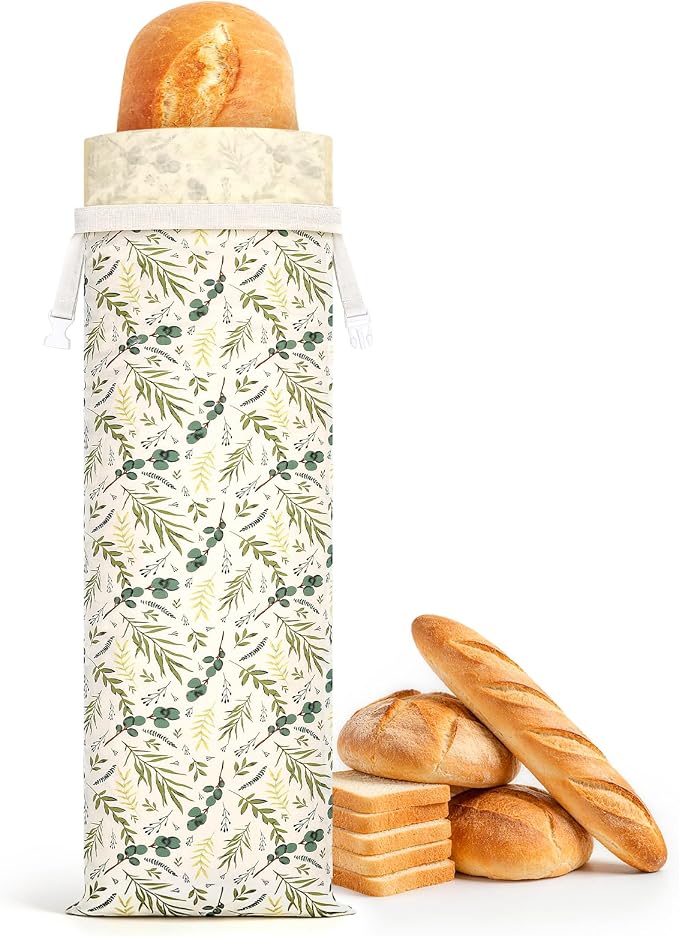 1pack French Baguette Beeswax Bread Bags for Homemade Bread Loaf | 27.5 x 7.8 in, Beeswax Liner, Keep Bread Fresh, Baking Storage, Green Leaves Design