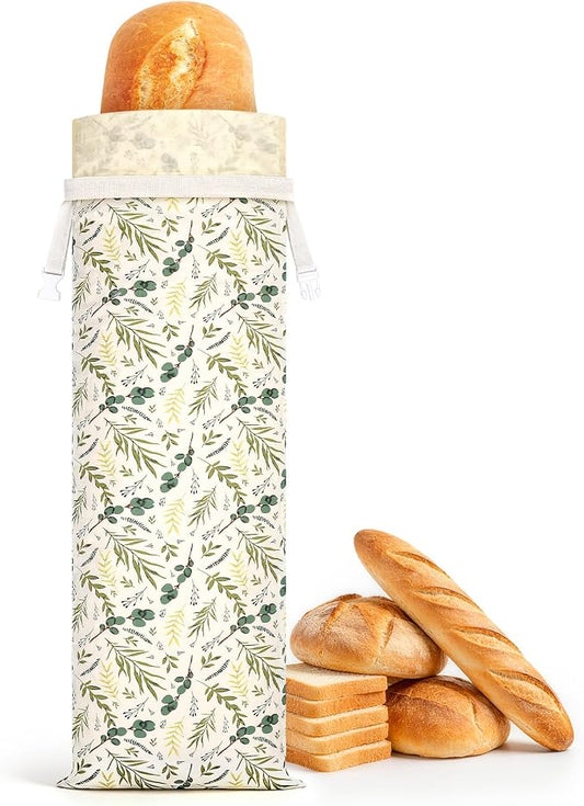 1pack French Baguette Beeswax Bread Bags for Homemade Bread Loaf | 27.5 x 7.8 in, Beeswax Liner, Keep Bread Fresh, Baking Storage, Green Leaves Design