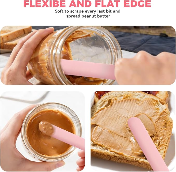 Silicone Jar Spatula Set of 4, Long Handle Skinny Spatula and Spurtle for Sourdough Starter, Flexible Jar Scraper for Peanut Butter, Jam, Icing, Cream with No Batter Left Behind (4, Pink)