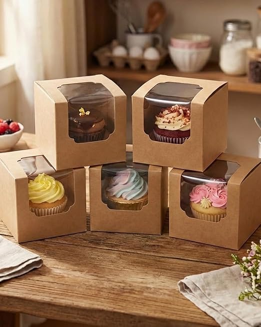 qiqee Brown Auto-pop up Cupcake Boxes Individual Cupcake 3.5x 3.5x 3.5inch 200pcs Single Cupcake Boxes