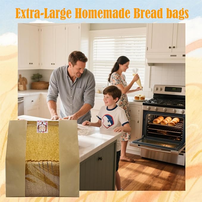 HiCivan 15.7x10.2x5.1in Extra Large Paper Bread Bags for Homemade Bread with Window&Sticker for Supersized Sourdough Bread, Oversized Bread Loaf, Baked Goods, Packaging for Gifting-Brown Kraft 25Pcs