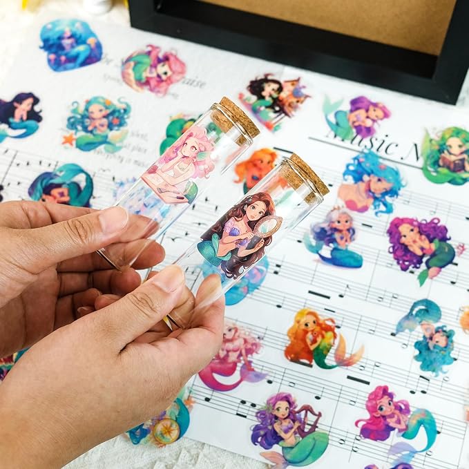 50 pcs Watercolor Cute Mermaid Clear PET Stickers, Fantasy Ocean Princess Transparent Die-Cut Decals, Waterproof Aesthetic Stickers for Girls Journal Scrapbook Planner DIY Party Craft Decor