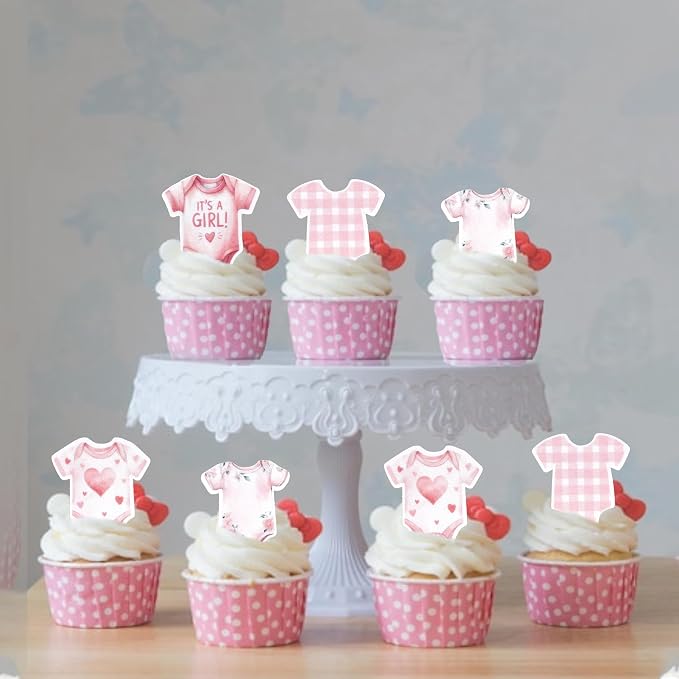 60 PCS Edible Bodysuit Cupcake Toppers Wafer Paper Baby Girl Cupcake Picks Edible It's a Girl Gingham Theme Party Decorations for Girls Birthday Gender Reveal Baby Shower Party Cake Decorations
