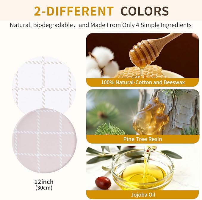 Reusable Beeswax Large Bowl Covers (2pc 12 Inch) – 100% Organic Cotton Elastic Food Covers for Sourdough Bread Proofing, Shower Caps for Dough Baskets, Beeswax Wraps, Bowl Covers, Bread Proofing Cover