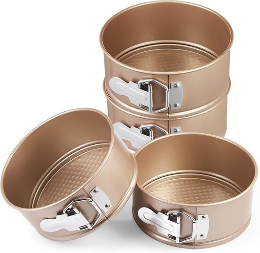 Funnymoom 4 Pcs 6 Inch Non Stick Springform Pan with Removable Bottom Carbon Steel Round Springform Cheesecake Pan with Stainless Steel Spring Buckles for Baking Kitchens Restaurant(Champagne Gold)