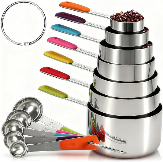 Bopei Measuring Cups and Spoons Set Stainless Steel 12 Piece for Cooking and Baking (7 Cups + 5 Spoons, Colorful Handles)