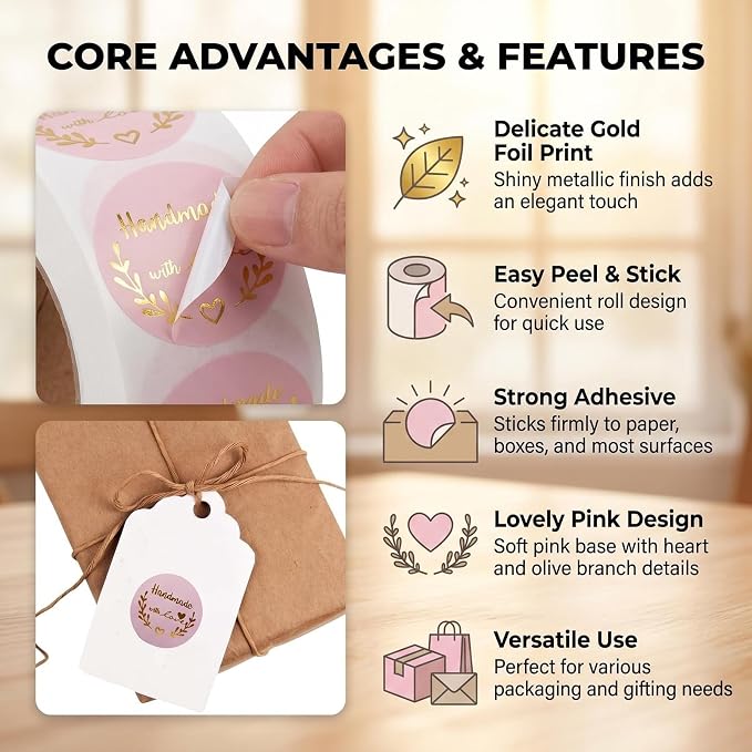 500Pcs Homemade with Love Stickers 1.5 inch Round Pink Adhesive Labels for Baking Packaging Envelope Seals Small Business Gift Wrap Handmade Crafts
