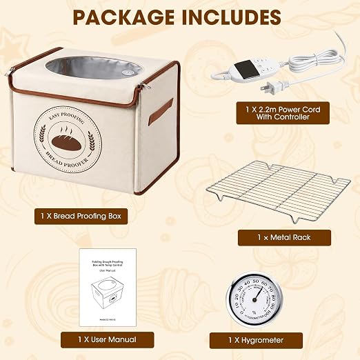Bread Proofing Box, Folding Bread Proofing Box for Sourdough | 3-Side Heating, Built-in Hygrometer, 70-122°F & 1-24H Timer, Folds Flat for Storage, Stainless Steel Rack Included