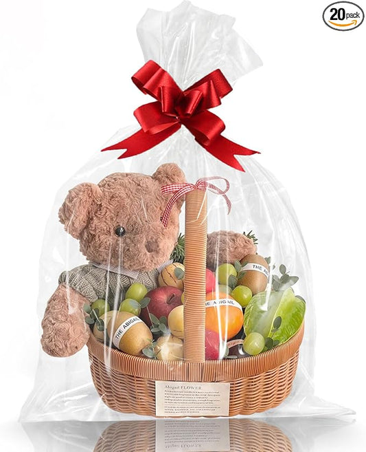 WIKDAY Clear Gift Bags 20 PCS 16x24 Inches Large Cellophane Wrap for Gift Baskets Wrapping Plastic with Ties for Gift Giving, Packaging Products