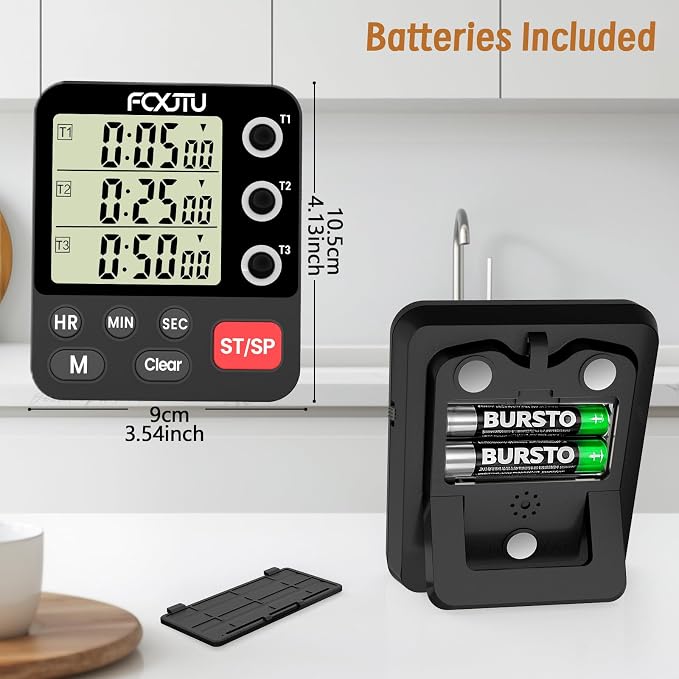 Digital Dual Triple Kitchen Timer, 3-Channel Magnetic Countdown Timer for Cooking, Large Display Stopwatch Multi Food Classroom Timer Loud Alarm for Seniors Teachers Battery Included (Black)