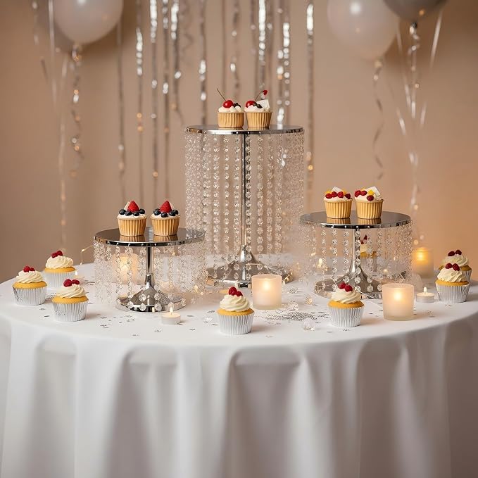 Silver Metal Cake Stand for Set of 3, 12in Round Wedding Cupcake Holder for Table, Dessert Cupcake Pedestal Display Plate for Party Wedding Anniversary Baby Shower