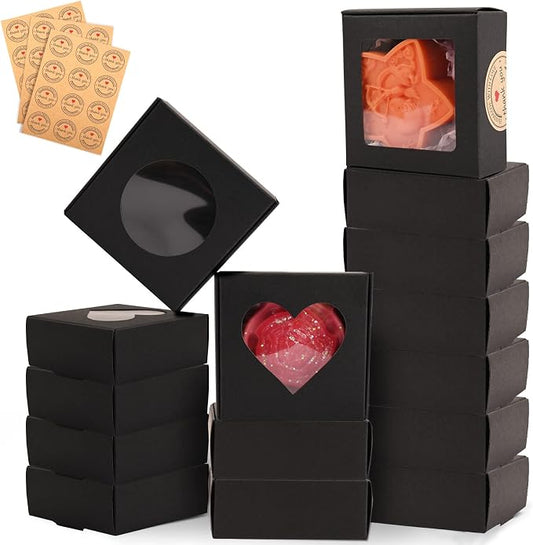 Moukiween 30 PCS Black Soap Boxes for Homemade Soap, 2.95 X 2.95X 1.18 Inch Packaging Gift Boxes with Window, Small Square Soap Wrapping Boxes (Black)