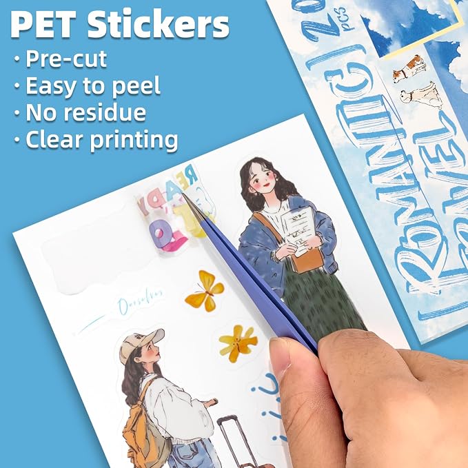 Romantic Getaway Sticker Scrapbooking Supplies for Junk Journal, 20 Sheets PET Stickers - Vintage Journaling Stickers, Ephemera Sticker Book Pre Cut(TZ-009-005)