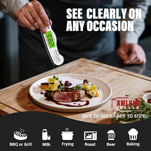 AWLKIM Digital Meat Thermometer, Instant Read Thermometer, Black | Grill, BBQ, candy and baking thermometer with backlit display, foldable probe and magnetic storage.