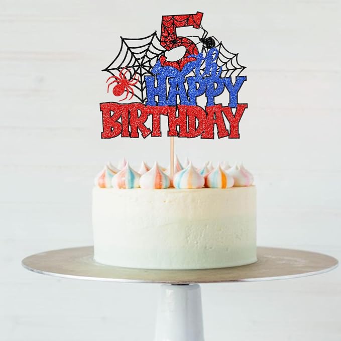 1 PCS Happy 5th Birthday Cake Topper Glitter Spider Web Cheers to 5 Years Five Birthday Cake Pick Superhero Spider Party Decorations for Boys Girls Happy 5th Birthday Party Cake Decorations Supplies