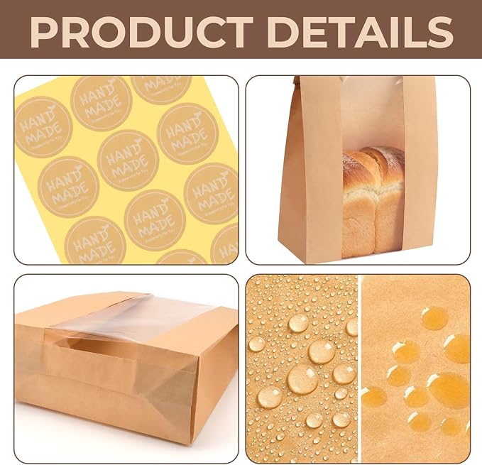 Twdrer 50 Pack Large Kraft Paper Bread Loaf Bag with Clear Front Window,Tin Tie Tab Lock Brown Bakery Coffee Cookie Treat Packaging Bags with 60 PCS Label Seal stickers(14" x 8.3" x 3.5")
