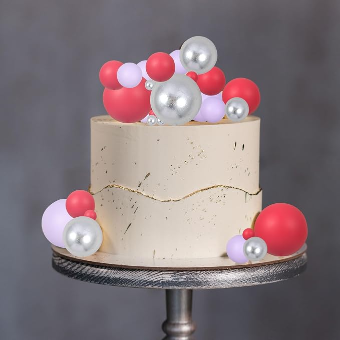 Gyufise 30Pcs Balls Cake Toppers Ball Cake Picks Ball Cupcake Toppers Foam Balls Cake Topper Insert Mini Balloons Cake Decorations for Baby Shower Birthday Party Supplies Silver Rose Red Light Purple