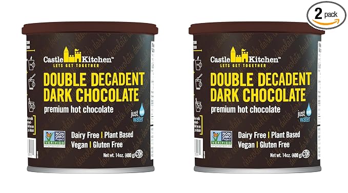 Castle Kitchen Double Decadent Dark Hot Chocolate Mix (28 oz) – Dairy-Free, Vegan, Plant Based, Gluten-Free, Non-GMO Project Verified, Kosher Hot Cocoa – Just Add Water – 14 oz Tin, Pack of 2