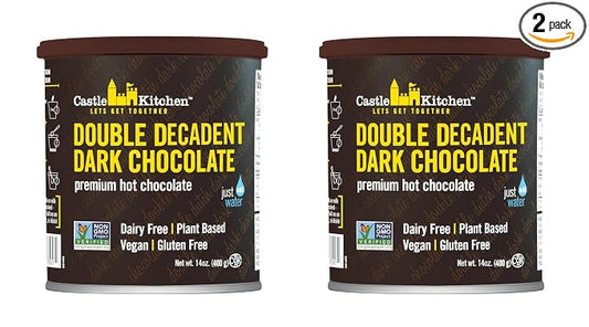 Castle Kitchen Double Decadent Dark Hot Chocolate Mix (28 oz) – Dairy-Free, Vegan, Plant Based, Gluten-Free, Non-GMO Project Verified, Kosher Hot Cocoa – Just Add Water – 14 oz Tin, Pack of 2