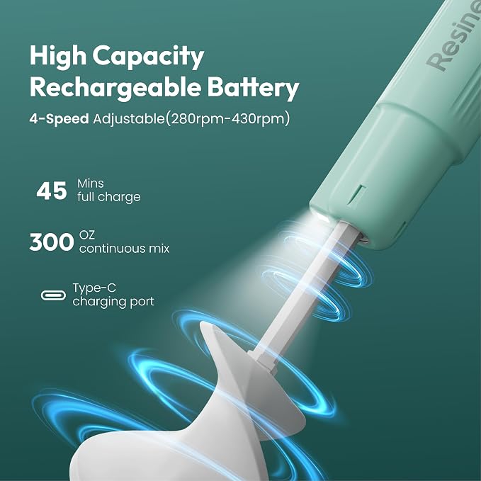 Resiners Airflow Resin Mixer, Handheld Epoxy Mixer with Silicone Paddles & Lighting, 4 Speeds, LED Screen, Minimum Bubbles, Easy Clean, Electric Stirrer Tool for Epoxy Resin, Silicone, Paint Mixing