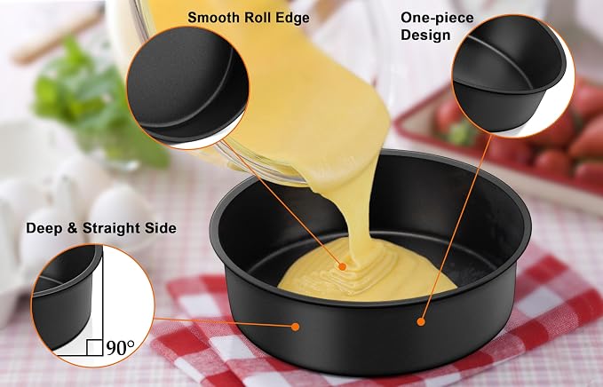TeamFar Cake Pan, 4'' / 6''/ 8'' Round Baking Tier Pan Set, with Non-Stick Coating Stainless Steel Core, for Steaming Serving, Healthy & Heavy-Duty, Release Easily & Easy Clean, Set of 3, Black