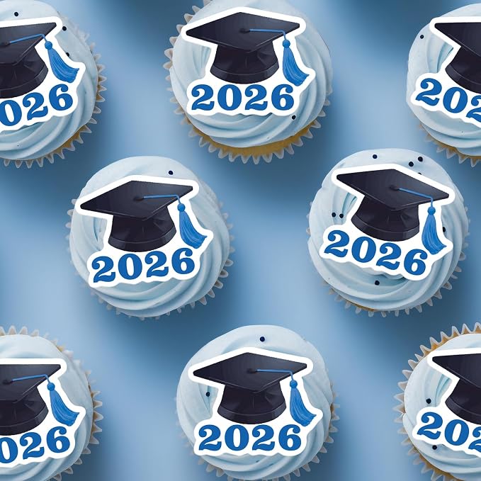42pcs Edible Graduation Cap Cupcake Toppers Wafer Paper Blue Class of 2026 Cake Decorations Edible Grad Cap Cupcake Picks for 2026 Graduation Theme Party Cake Decor Supplies