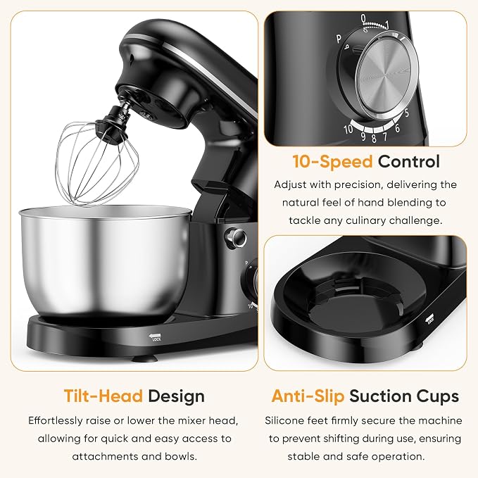 NEWBULIG Stand Mixer, Kitchen Aid Mixers Alternative, 300W 4.2Qt 10-Speed Electric Standing Mixer with Dough Hook, Whisk, Beater & Multi-Cover for Baking, Cakes and Home Cooking Needs