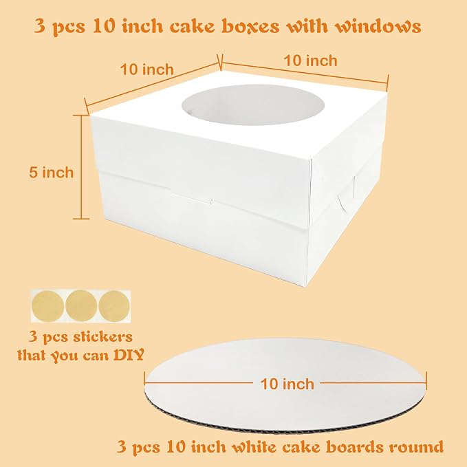 3 Set Cake Boxes with Cake Boards（3 PCS Cake Boxes+3 PCS Cake Boards）, 10x10x5 Inches Cake Box with Windows, White Bakery Boxes, Cake Container with Stickers for Birthday by GBF