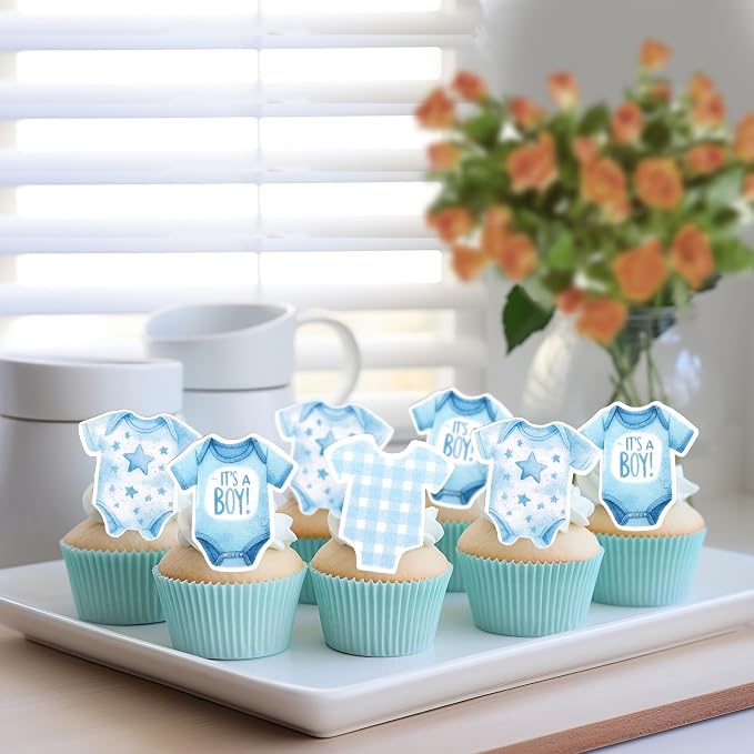 60 PCS Edible Bodysuit Cupcake Toppers Wafer Paper It's a Boy Cupcake Picks Edible Blue Gingham Theme Party Decorations for Boys Birthday Gender Reveal Baby Shower Party Cake Decorations Supplies