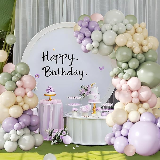 Dusty Green Purple Pastel Pink Balloon Arch Garland Kit 124Pcs Double Stuffed Light Green Sage Green Purple Yellow Macaron Pink Balloons for Wildflower Baby Shower Wedding Birthday Party Decorations