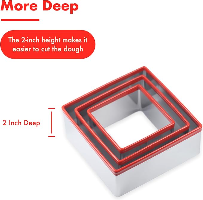 Large Square Cookie Cutter Set, 3, 4, 5 Inch, Stainless Steel Biscuit Cutters for Baking, Sandwich Cutter Shapes for Kids, Red Soft Rubber Top for Protection