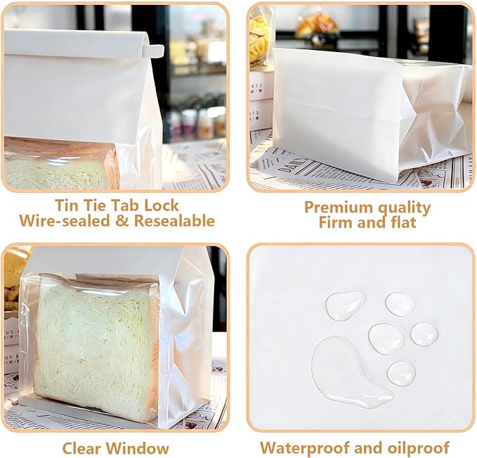 Heavy Duty Large Paper Bread Bags with Tin Tie Tab Lock 50pcs, Loaf Bag with Clear Front Window, Storage Packaging Treat Bag for Bakery Cafe Homemade Bread 10.6” × 4.3” × 8.7” - White