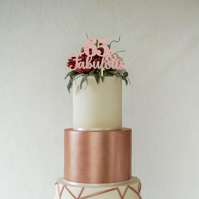 1 PCS 65 & Fabulous Cake Topper Glitter Sixty Five and Fabulous Cake Toppers Happy 65th Birthday Cake Pick for 65th Wedding Anniversary Birthday Party Cake Decorations Supplies Rose Gold