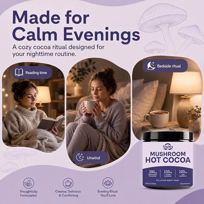Suiyilary 10 Mushroom Hot Cocoa for Sleep, Sugar Free Keto Cocoa Powder, Nighttime Drink,100mg Magnesium Glycinate, 100mg GABA, 150mg L-Theanine, Help Fall Asleep and Stay Asleep, 15 Servings