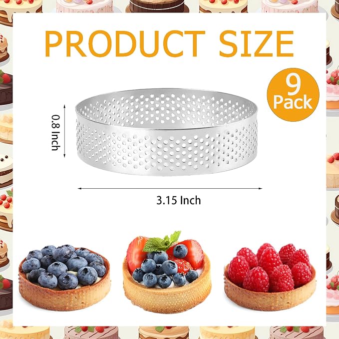 Frcctre 9 Pack 3.15 Inch Perforated Tart Rings, 304 Stainless Steel Nonstick Round Tart Rings Mousse Cake Ring Metal Crumpet Ring Pastry Mold Circle Tartlet
