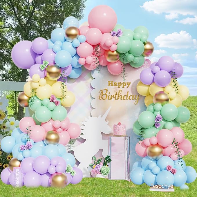 160pcs Pastel Rainbow Unicorn Balloon Garland Arch Kit,Macaron Blue Pink Green Yellow Purple Balloon for Rainbow Unicorn Theme Birthday Baby Shower Wedding Decoration Easter Bunny Hunt Party Supplies