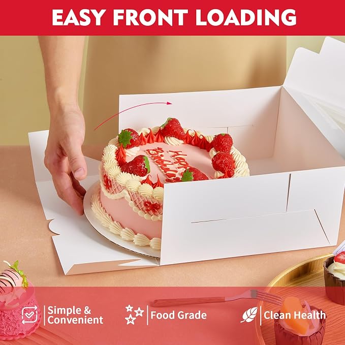 5 Pack Cake Boxes, 10x10x5 Inches Cake Boxes with Boards, White Square Bakery Boxes with Window, Disposable Cake Containers with Lids for Pastry Pie Cookies Chocolates Wedding Birthday Party