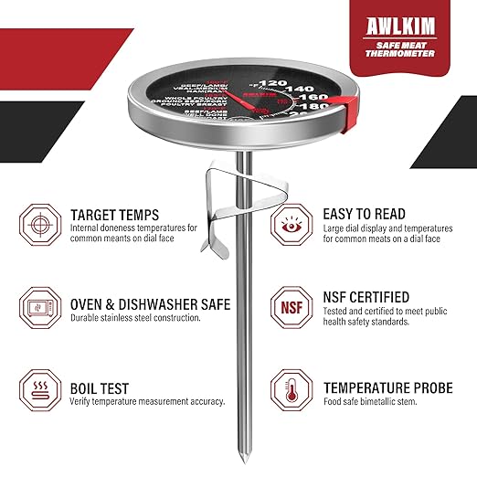 AWLKIM 2 Pack Analog Meat Thermometer Oven Safe Dial No Battery | Bimetallic Stem Dial, Leave-In Oven Safe, 2.5in Large Face, No Batteries for Roast Turkey Grill BBQ Cooking