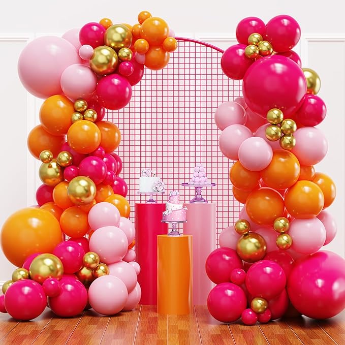 YMSZ Pink and Orange Balloon Garland Arch Kit, Hot Pink and Orange Summer Balloons for Baby Shower, Jungle, Birthday, Summer Party Decorations