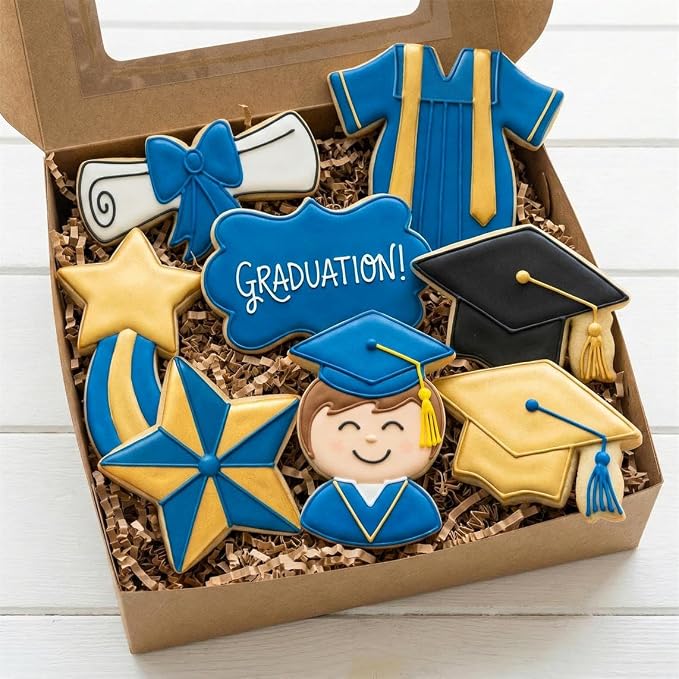 Graduation Cookie Cutters Set of 7, Stainless Steel, Cap Gown Diploma Graduate Star Shapes, for Graduation Celebration Party